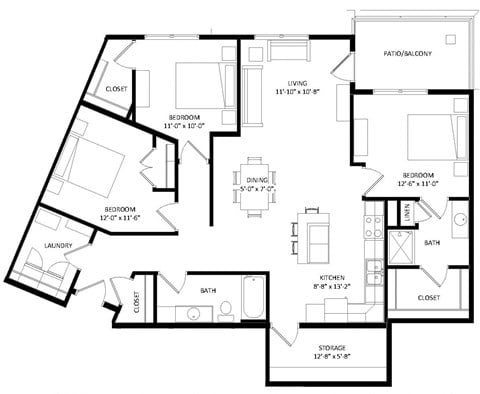 Floor plan for 3 beds, 2 baths, 1455 sqft